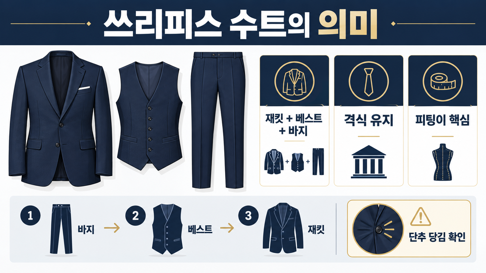 쓰리피스 수트의 의미: 구성·격식·스타일링 가이드 정보 카드