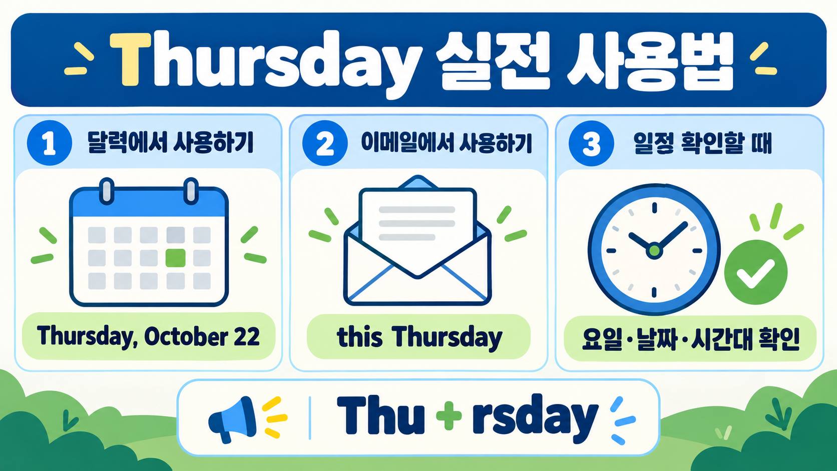 목요일 영어 스펠링: Thursday와 요일 약자 한눈에 정리 확인 정보 카드