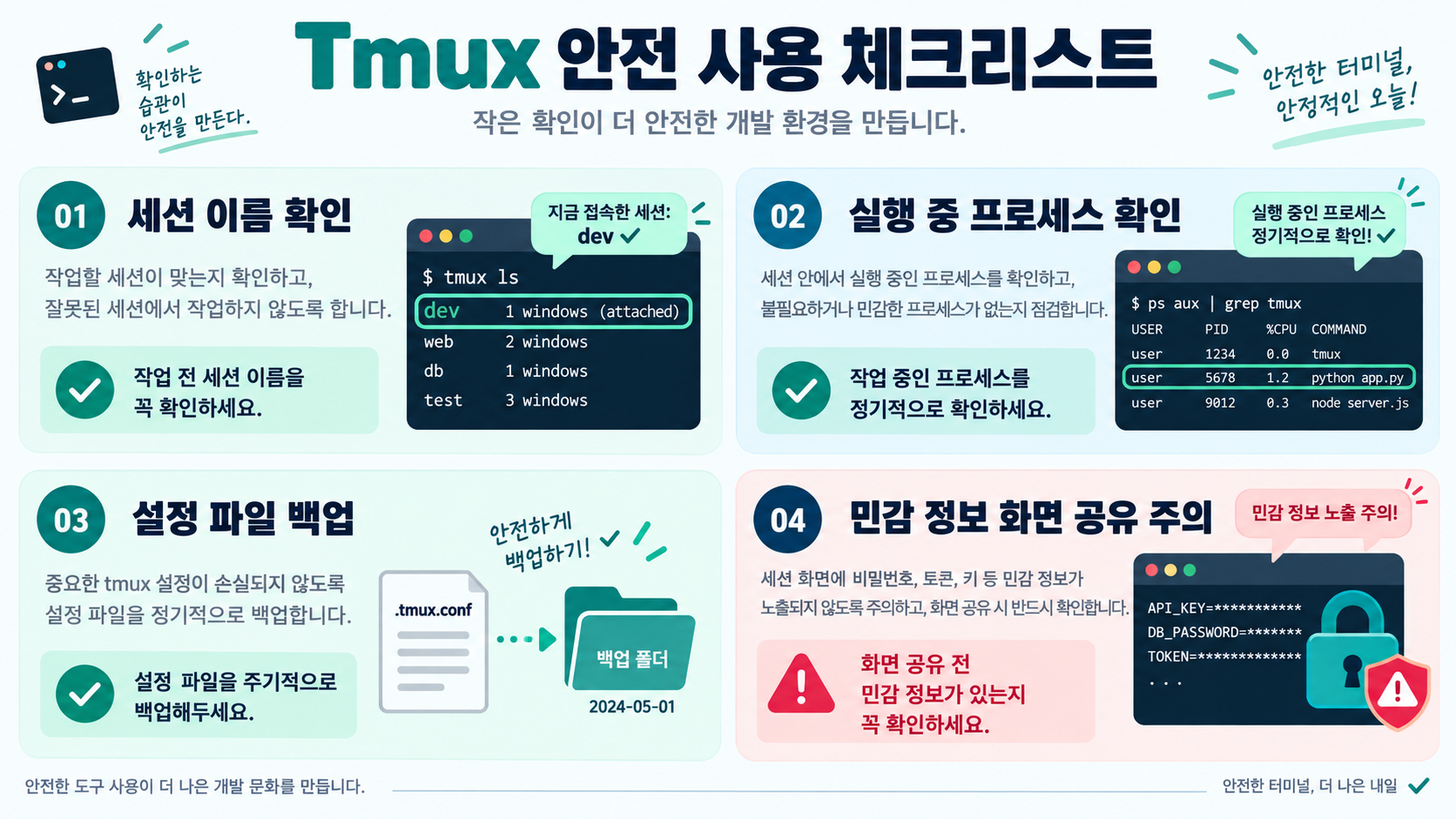 Tmux 사용법: 터미널 세션을 안전하게 관리하는 기본 가이드 확인 정보 카드
