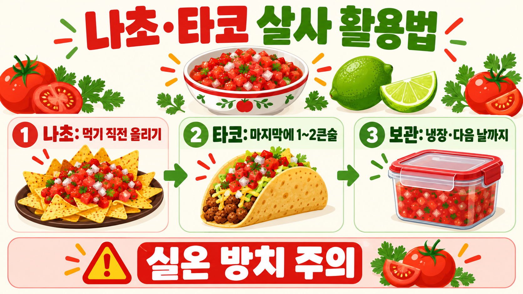 토마토 살사소스 만들기: 나초·타코에 어울리는 기본 레시피 확인 정보 카드