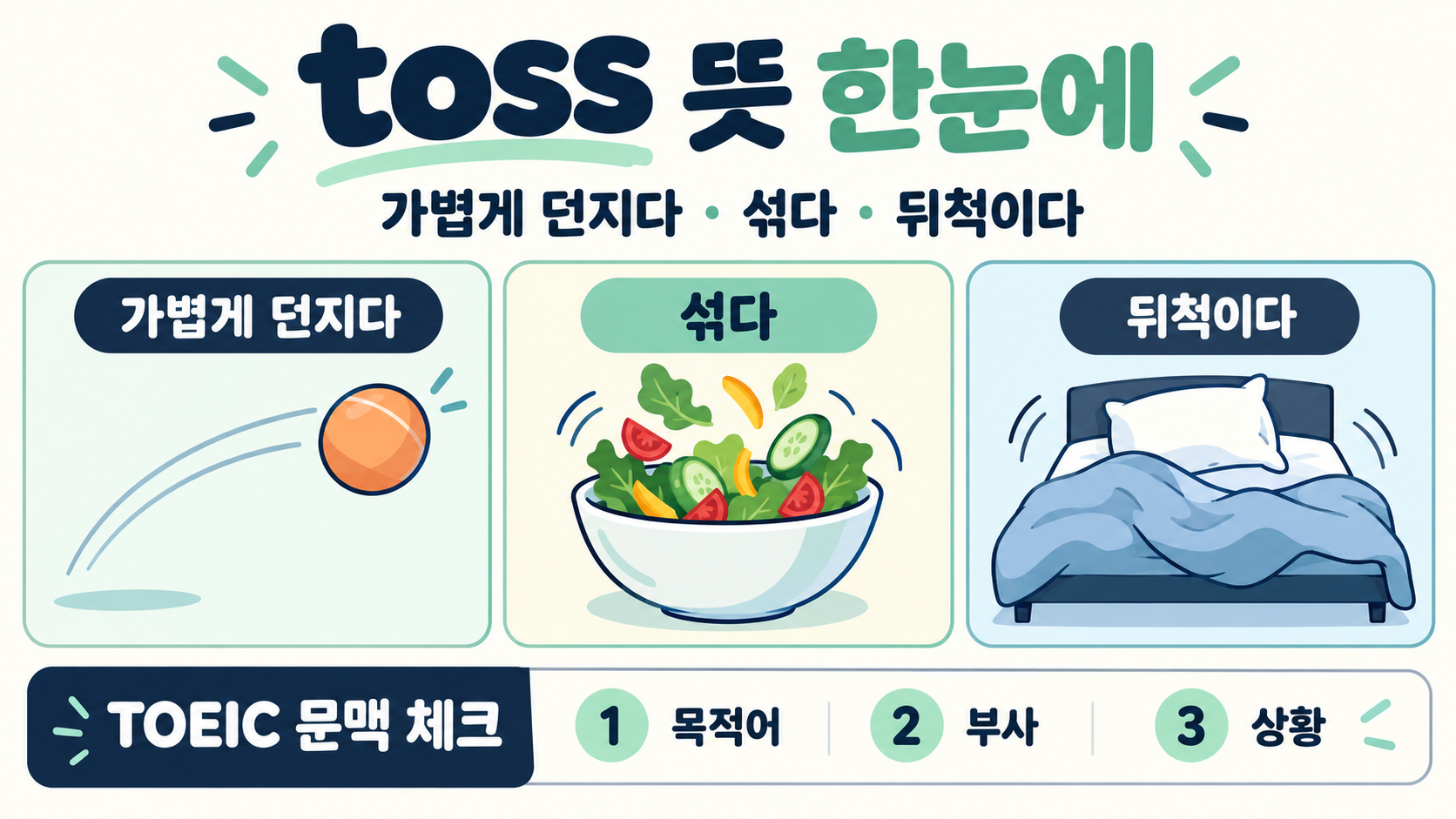 토익 단어 toss 뜻과 활용법: 던지다부터 숙어까지 정보 카드