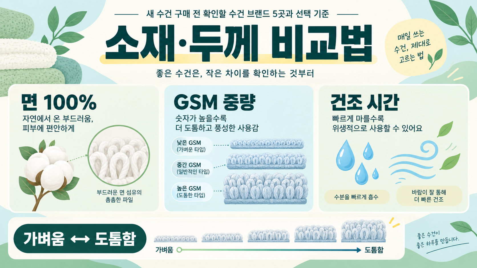 새 수건 구매 전 확인할 수건 브랜드 5곳과 선택 기준 관련 정보 카드
