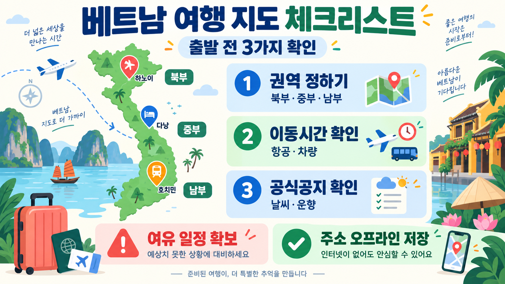 베트남 관광도시 지도: 하노이·다낭·호이안·호치민 여행 동선 가이드 확인 정보 카드