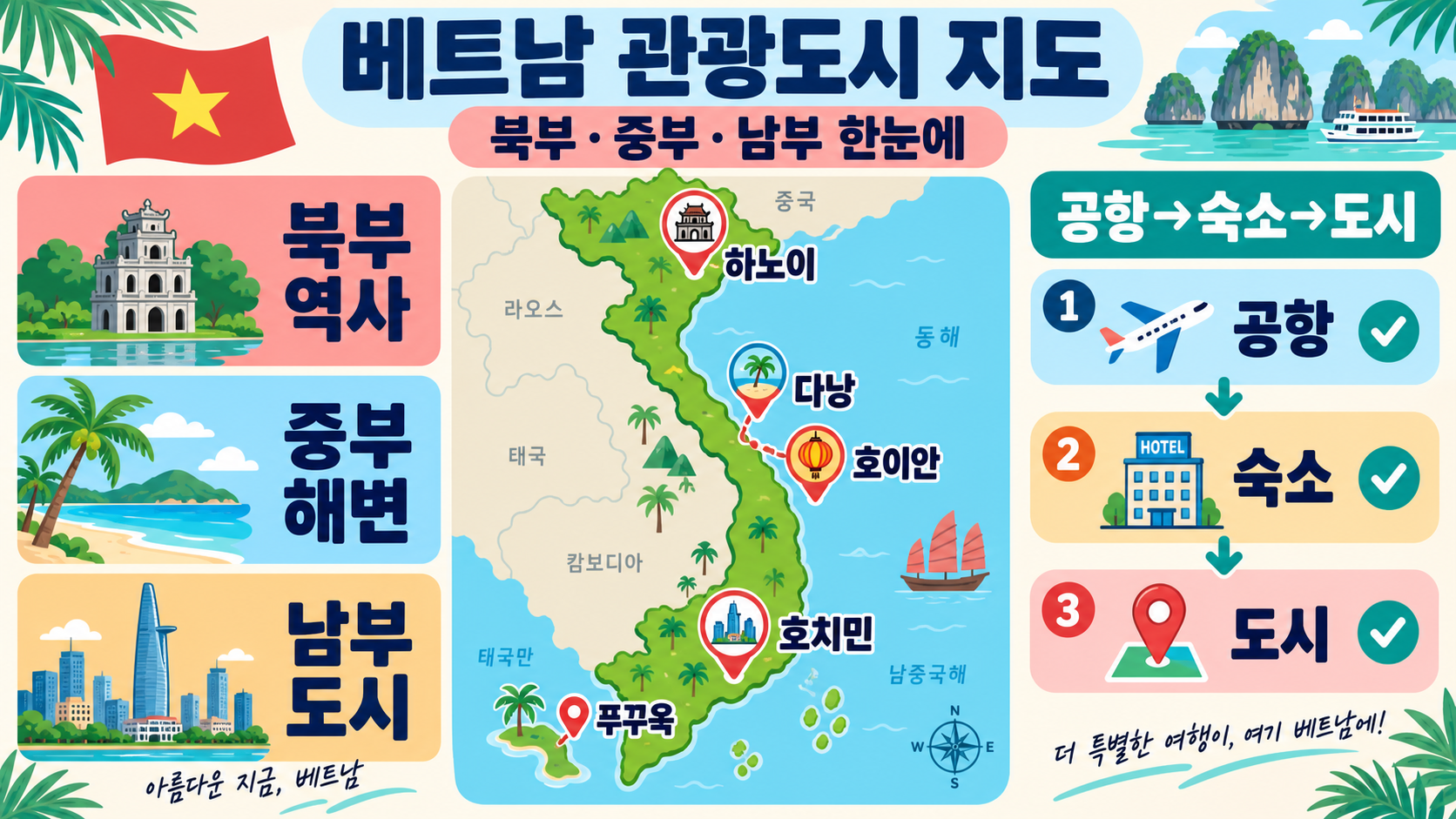 베트남 관광도시 지도: 하노이·다낭·호이안·호치민 여행 동선 가이드 정보 카드