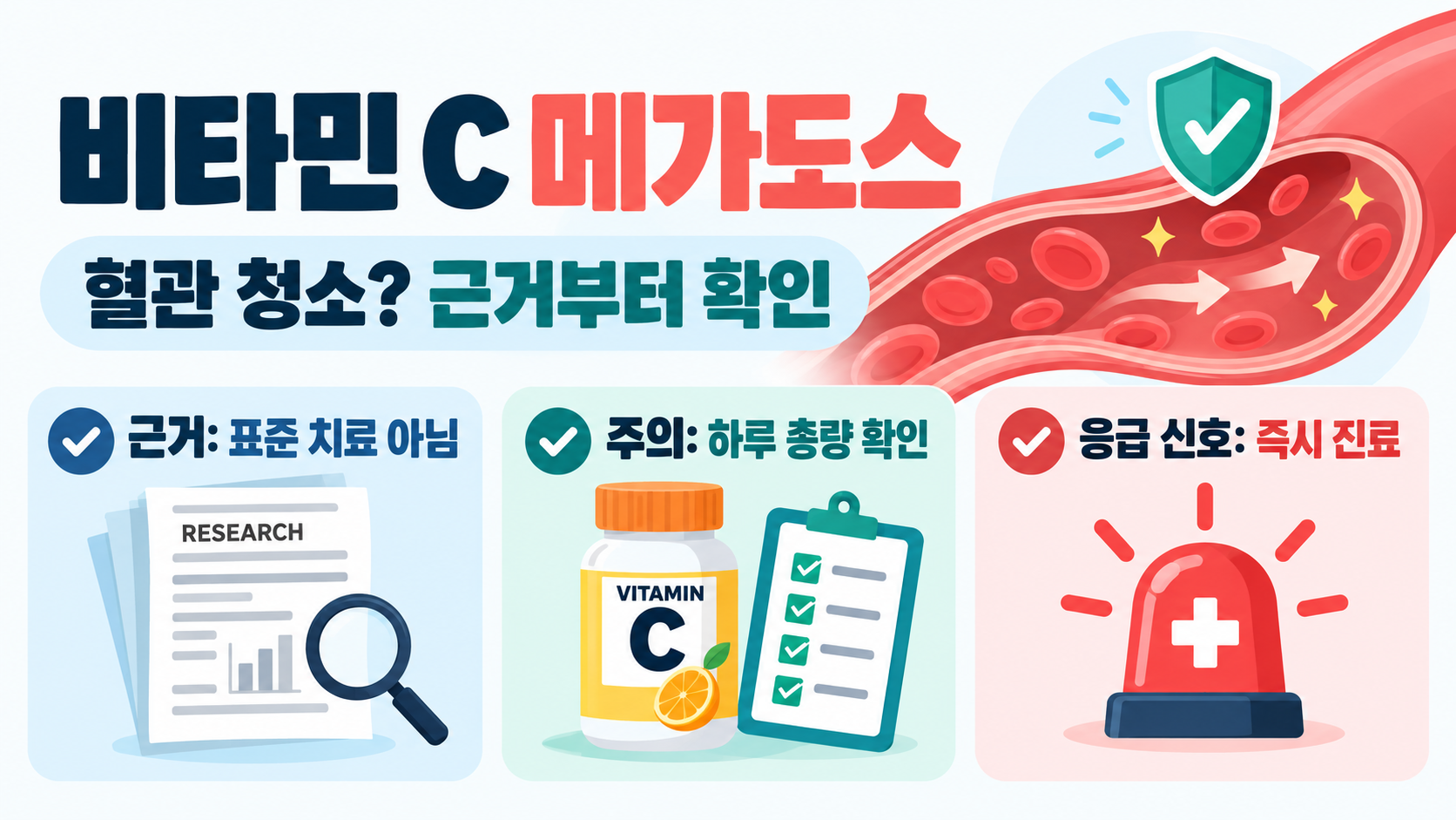 비타민 C 메가도스, 혈관 청소 효과가 있을까? 근거와 주의점 정보 카드