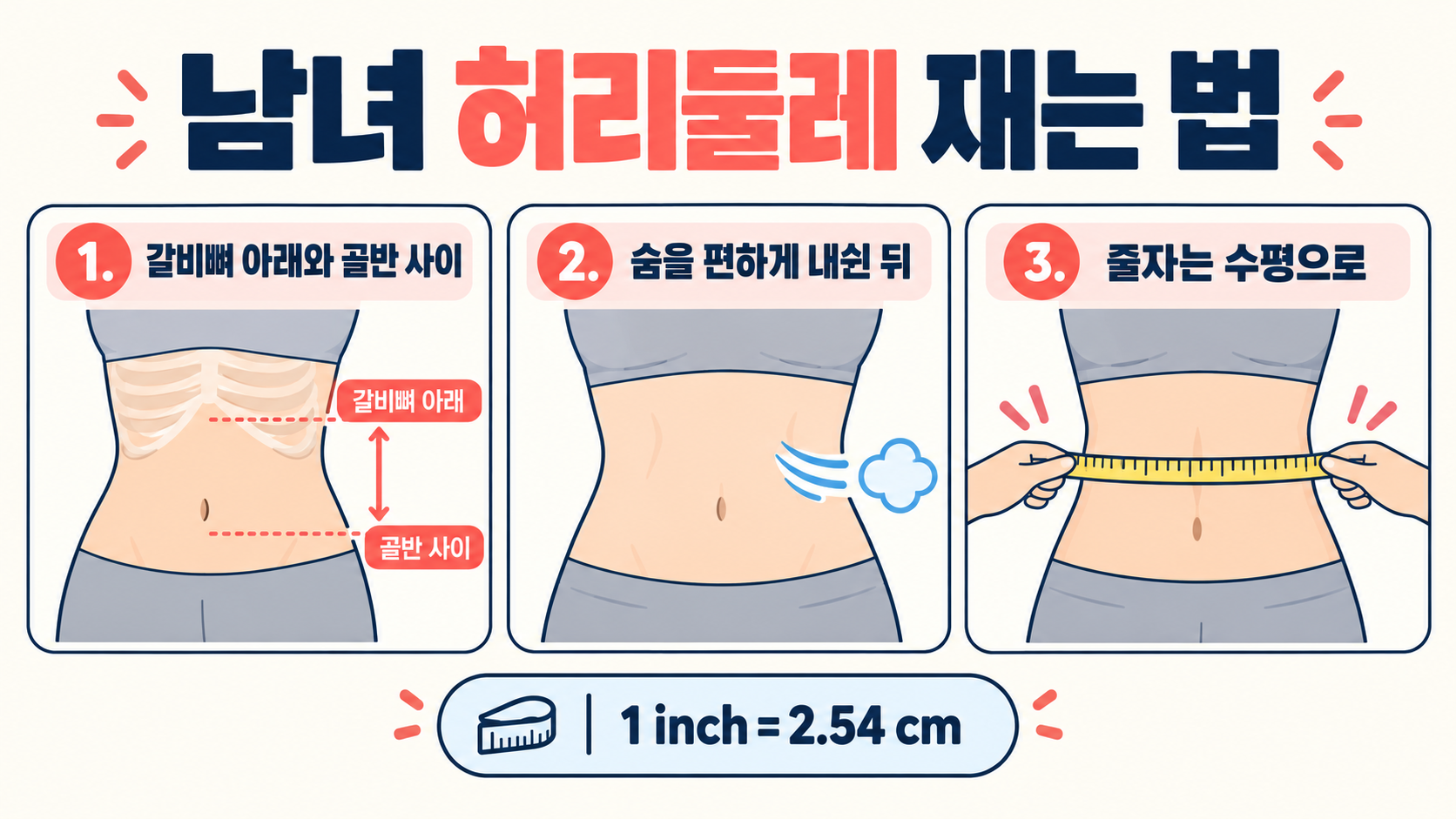 남녀 허리둘레 재는 법과 cm·인치 사이즈표 정리 정보 카드
