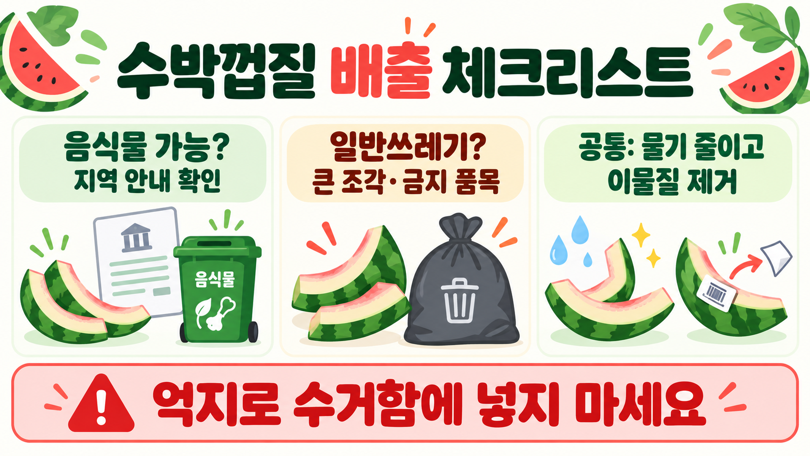 수박껍질은 음식물쓰레기일까? 지역별 기준과 올바른 배출 순서 확인 정보 카드