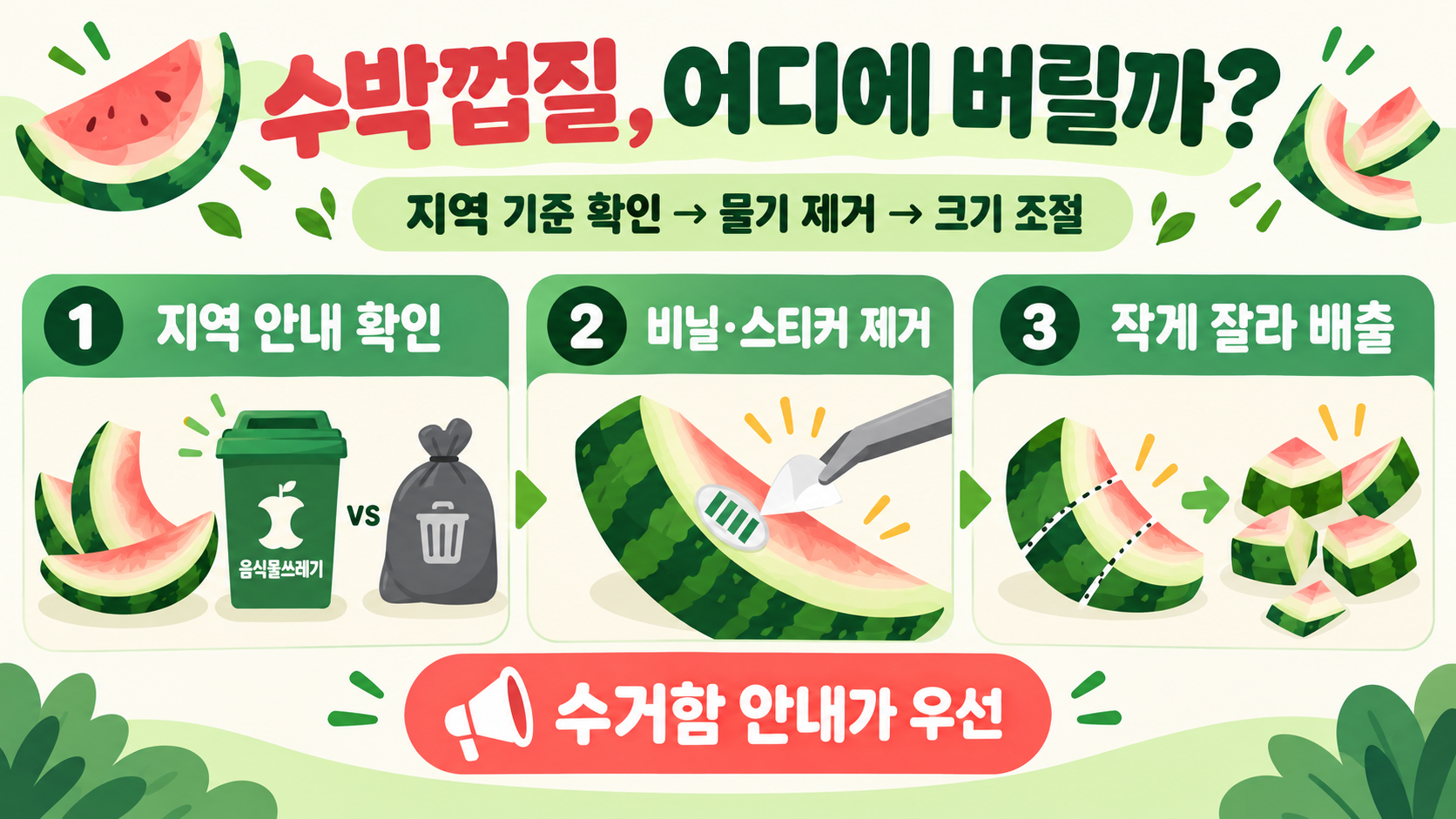 수박껍질은 음식물쓰레기일까? 지역별 기준과 올바른 배출 순서 정보 카드