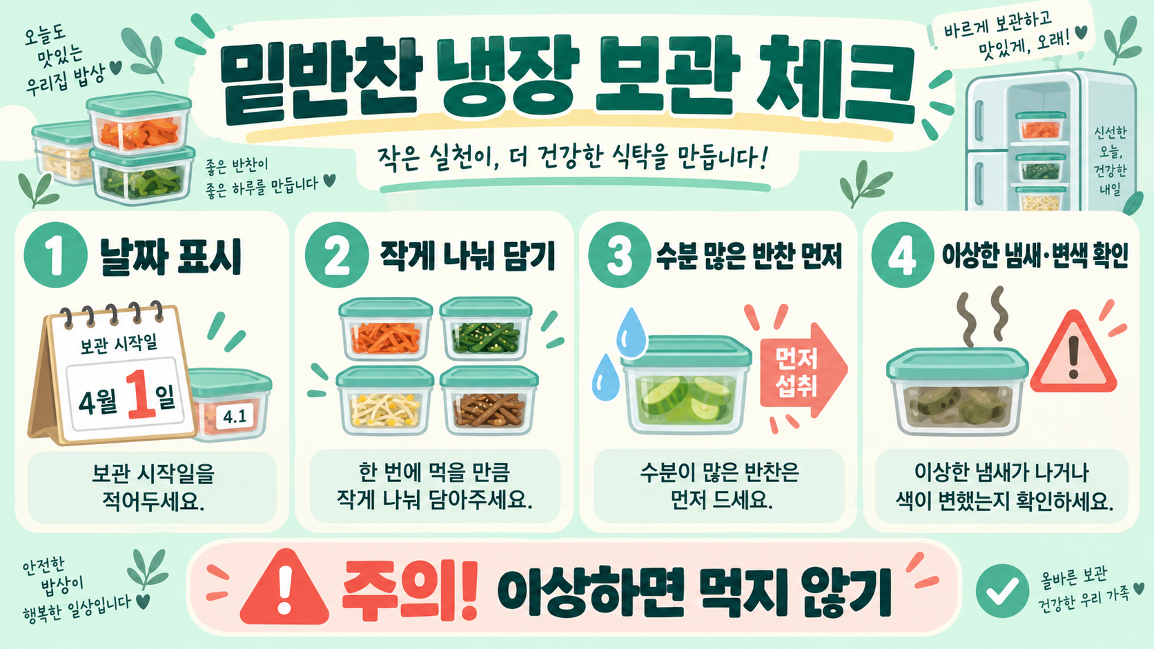 일주일 밑반찬 만들기: 가정식 반찬거리와 보관·조리 순서 확인 정보 카드