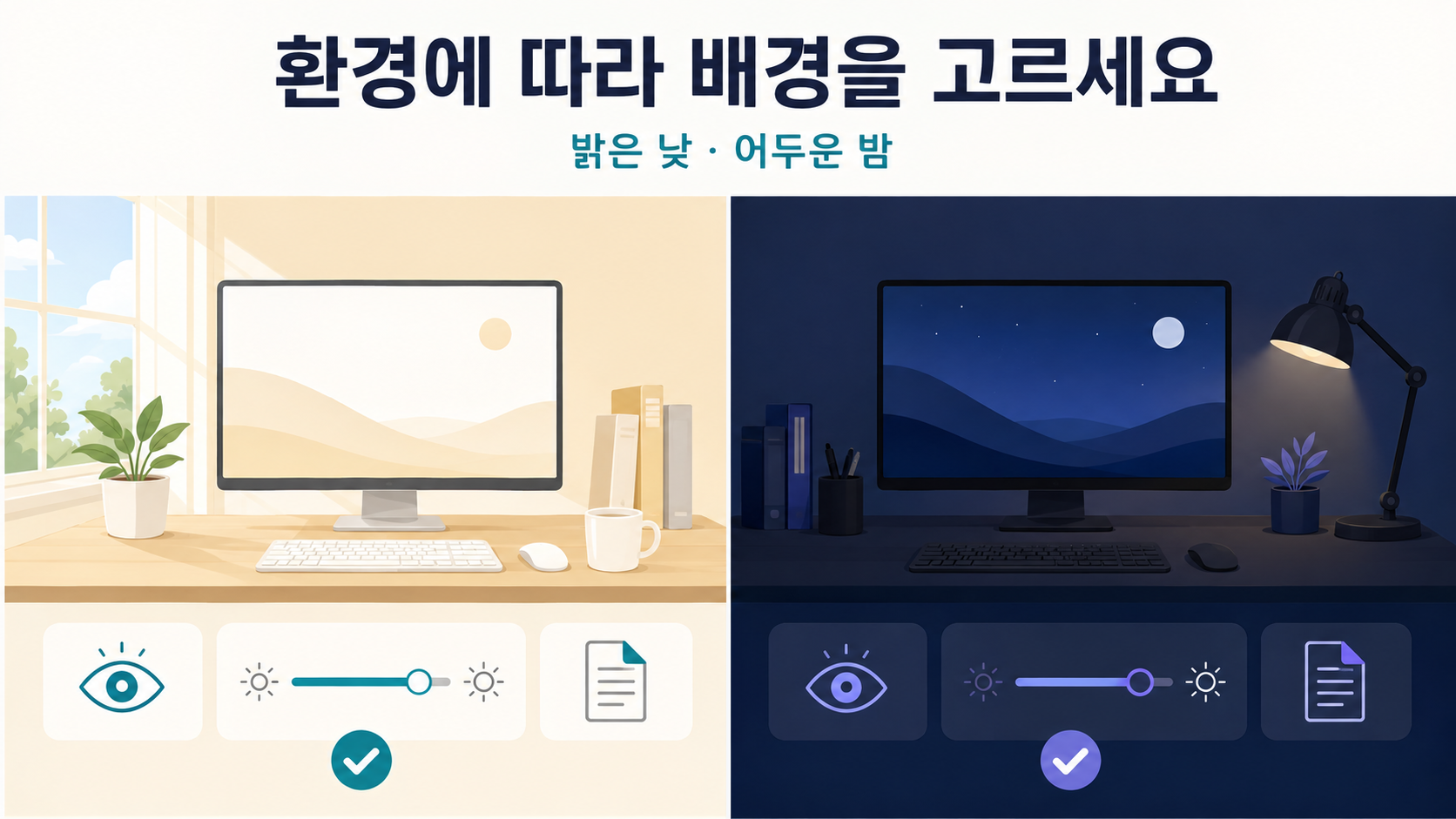 밝은 환경과 어두운 환경에서 배경화면을 고르는 기준을 보여 주는 정보카드