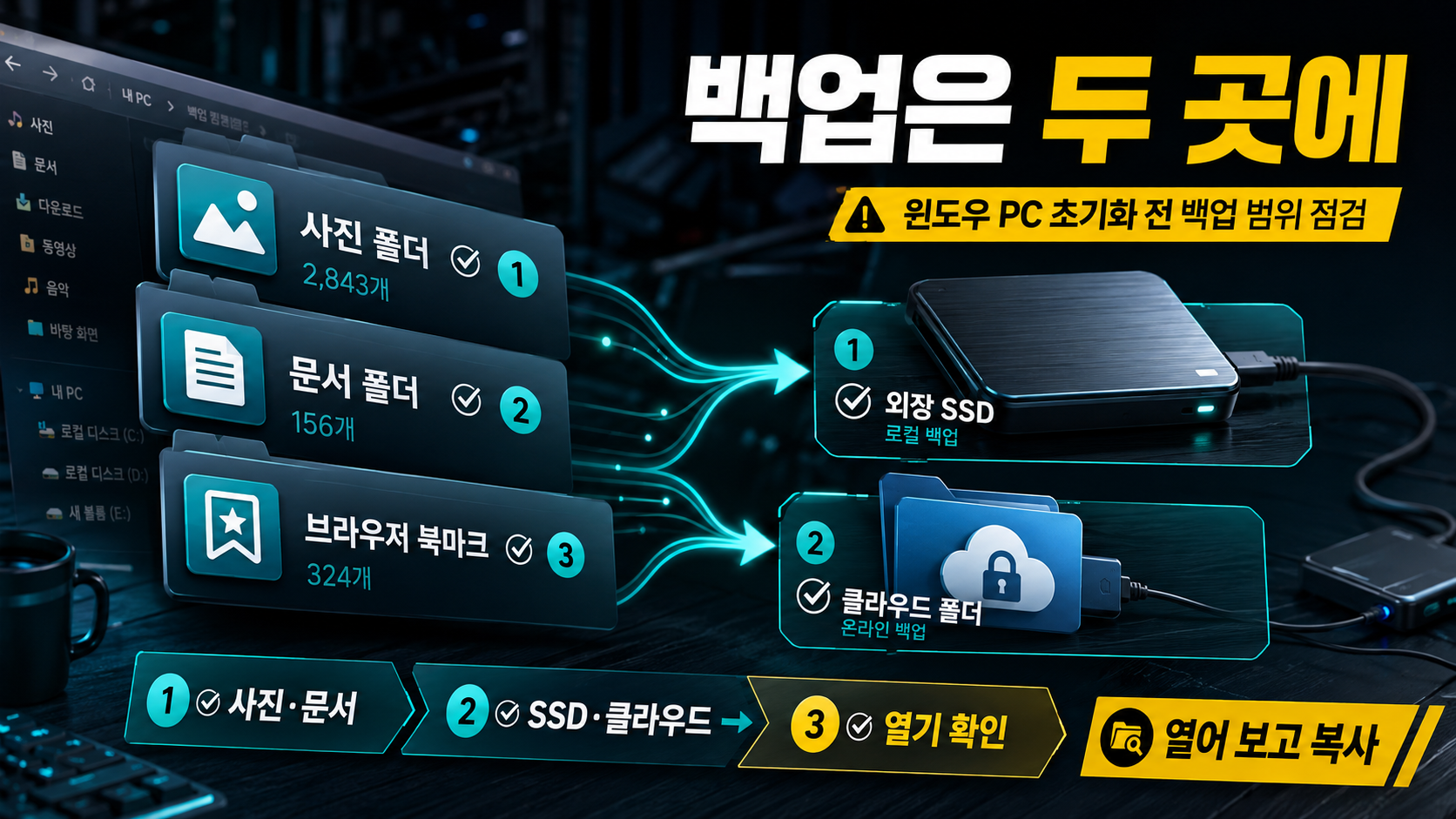 사진과 문서를 외장 SSD와 클라우드에 백업하는 안내 카드