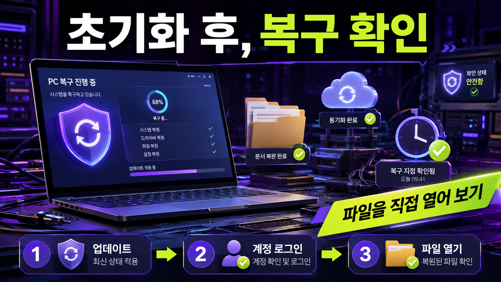 초기화 후 업데이트와 파일 복구를 확인하는 안내 카드