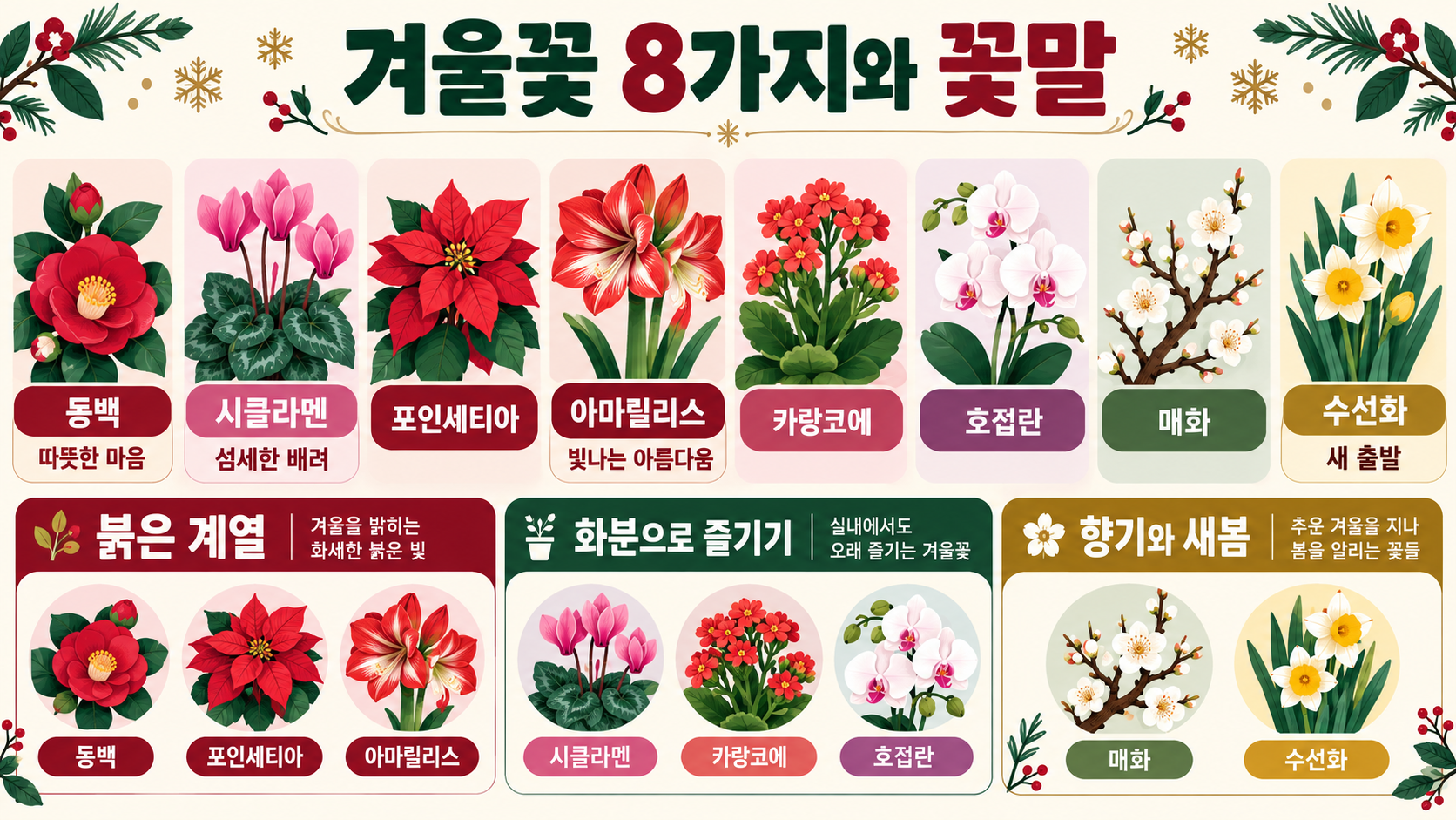 겨울에 피는 꽃과 꽃말: 실내외에서 즐기는 8가지 가이드 관련 정보 카드