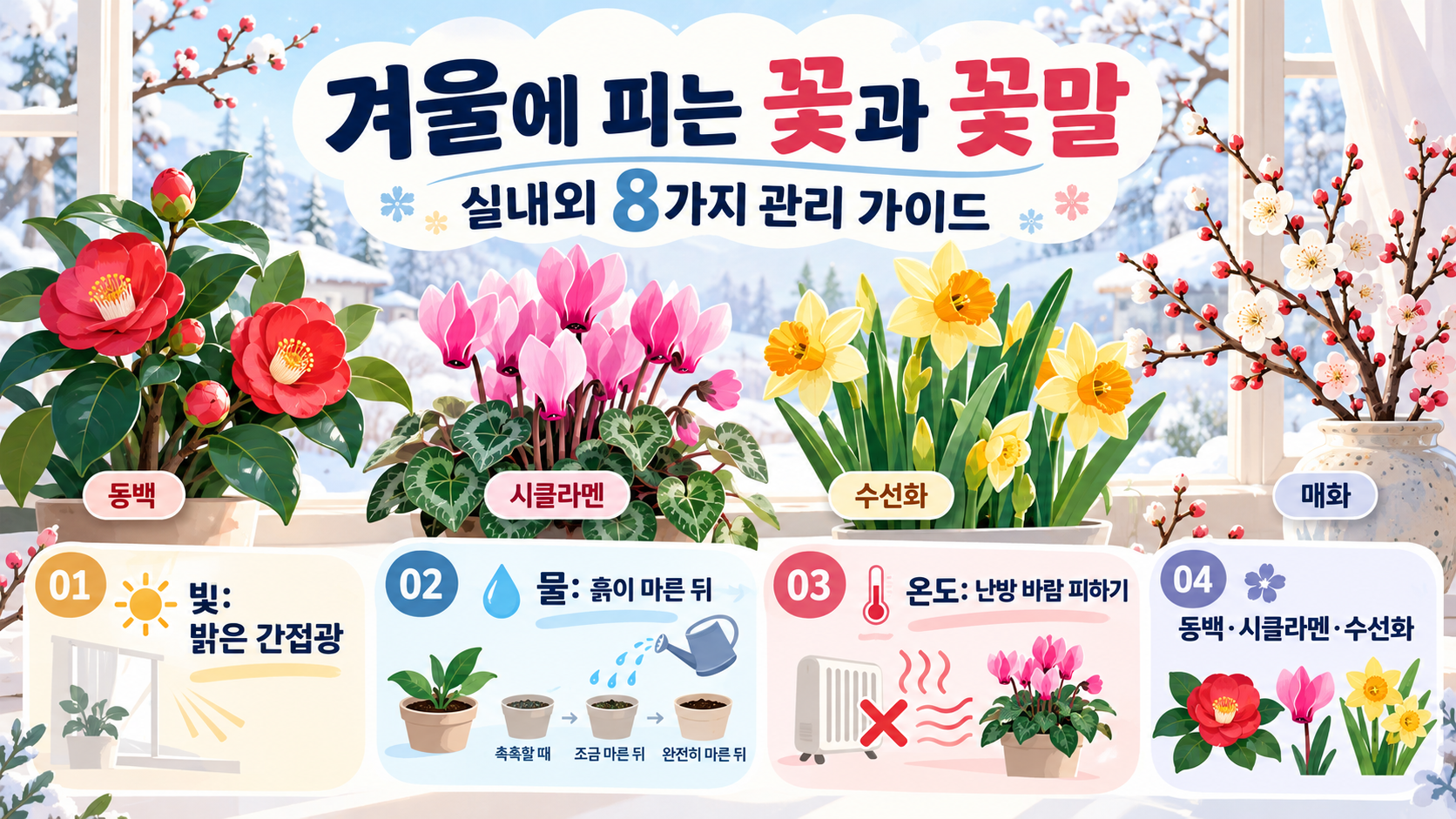 겨울에 피는 꽃과 꽃말: 실내외에서 즐기는 8가지 가이드 정보 카드