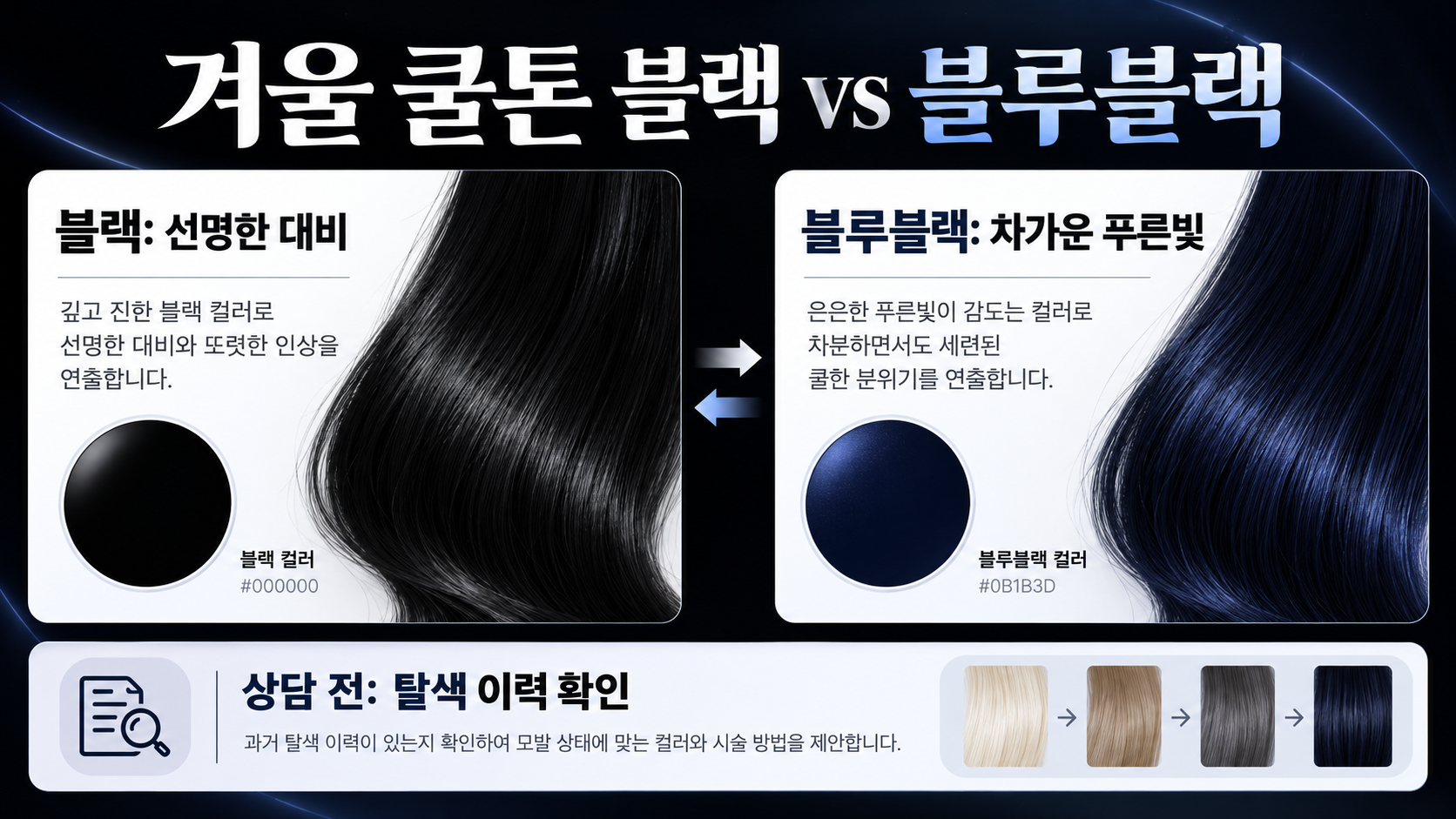 겨울 쿨톤 염색 추천: 블랙·블루블랙 비교 정보 카드