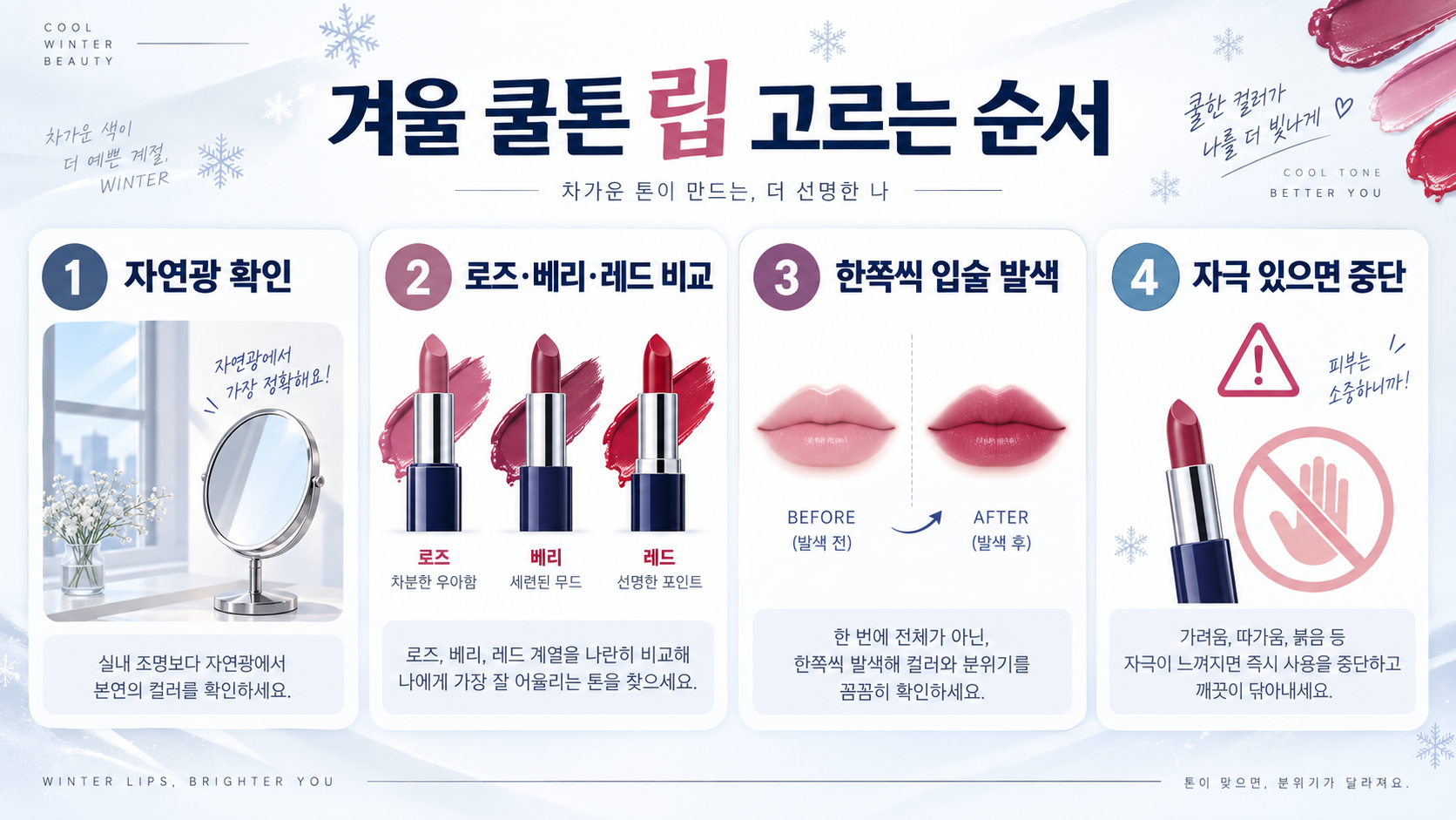 겨울 쿨톤 립·염색 고르는 법: 브라이트·딥·트루 비교 관련 정보 카드
