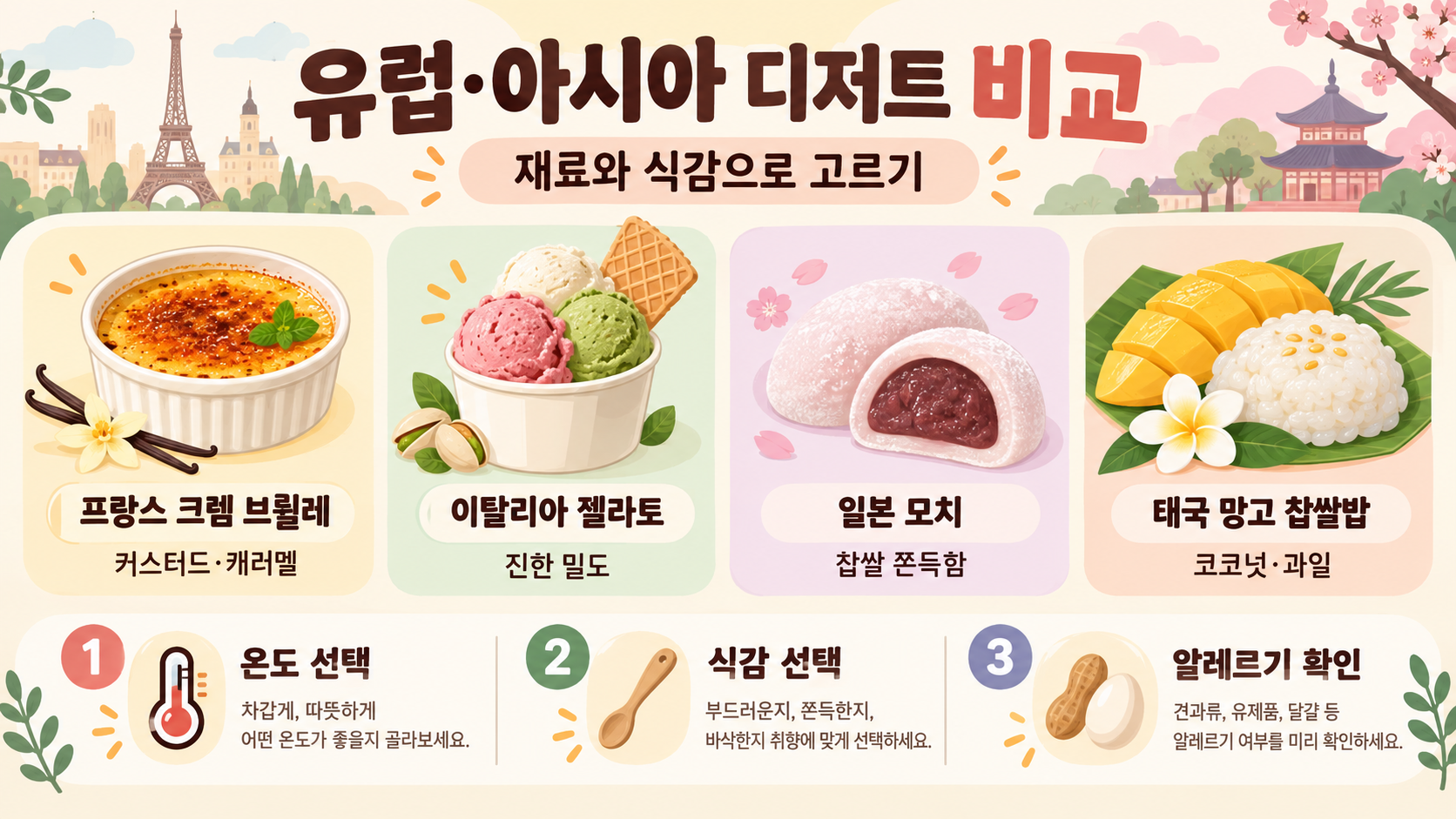 세계에서 주목받는 디저트 50가지: 특징과 즐기는 법 관련 정보 카드