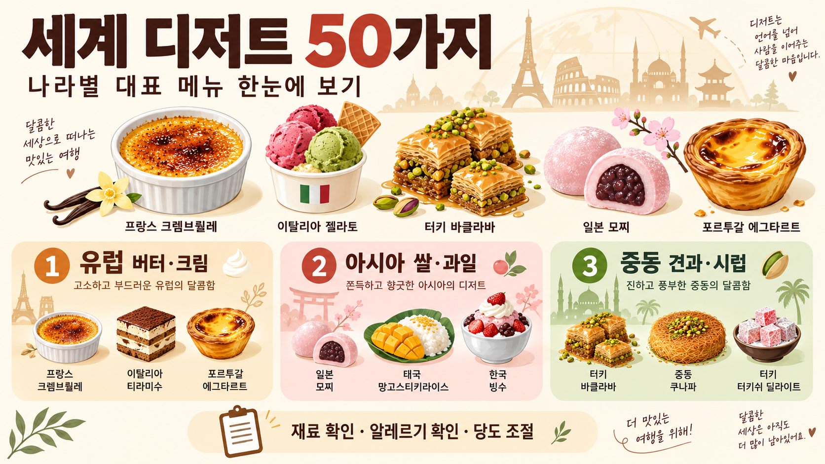 세계에서 주목받는 디저트 50가지: 특징과 즐기는 법 정보 카드