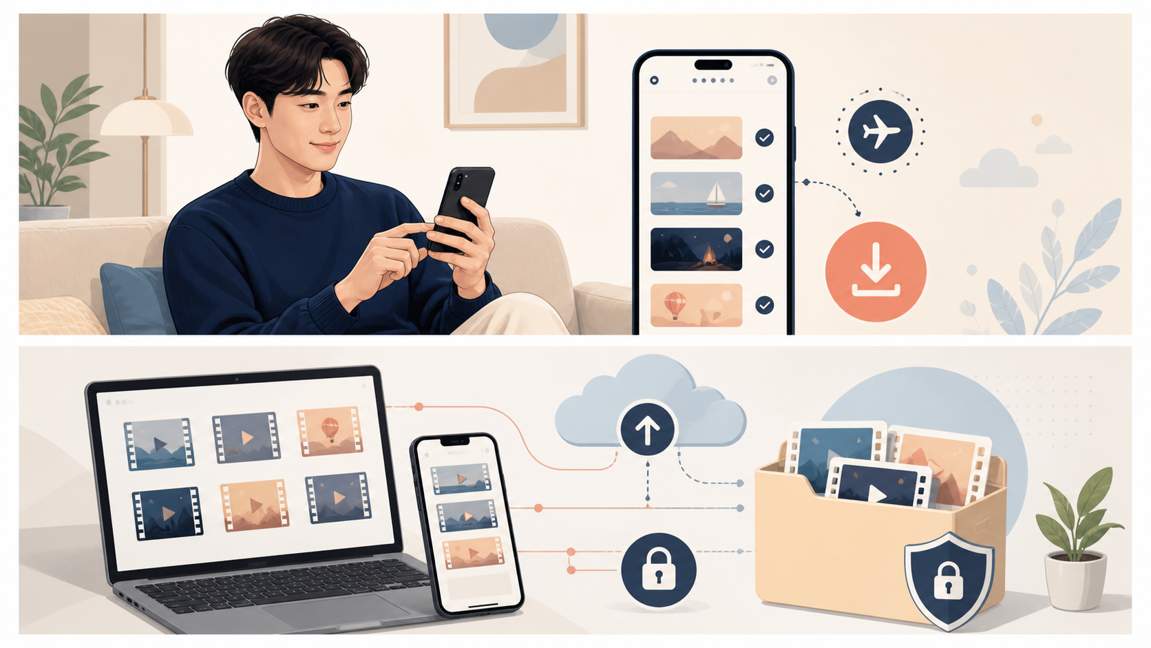노트북과 스마트폰의 개인 영상 보관 폴더를 안전하게 백업하는 모습
